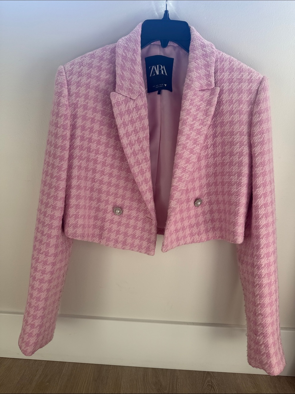 Zara Pink Houndstooth Cropped Blazer